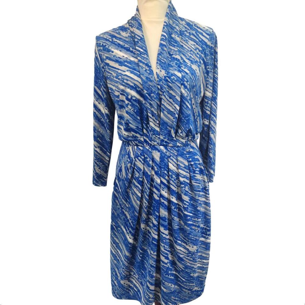 Anne Klein Y2K Blue White Abstract Print V-Neck Matte Jersey Dress XL